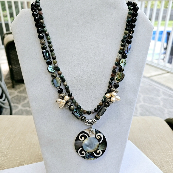 Mother of Pearl Gemstone and Abalone Bead Double-Strand Necklace with Pearls - Picture 2 of 15